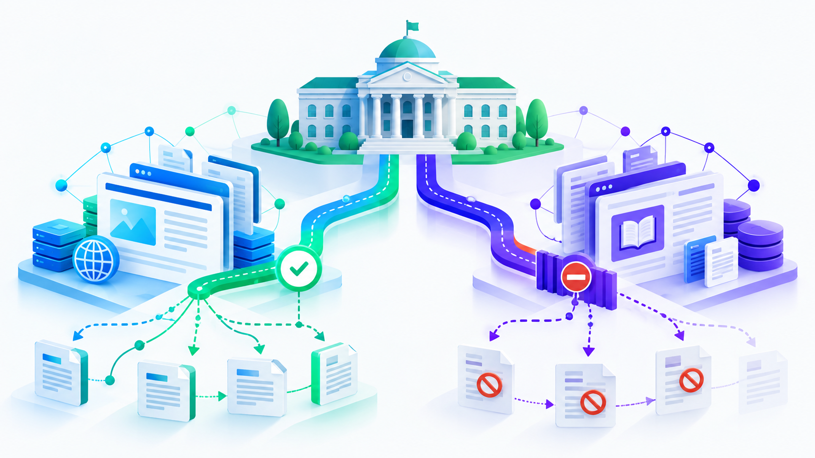 Abstract illustration of two translucent panels with differing internal line patterns, connected by a dashed line, positioned above a row of generic institutional building silhouettes, representing two separate web properties of the same institution with differing configurations
