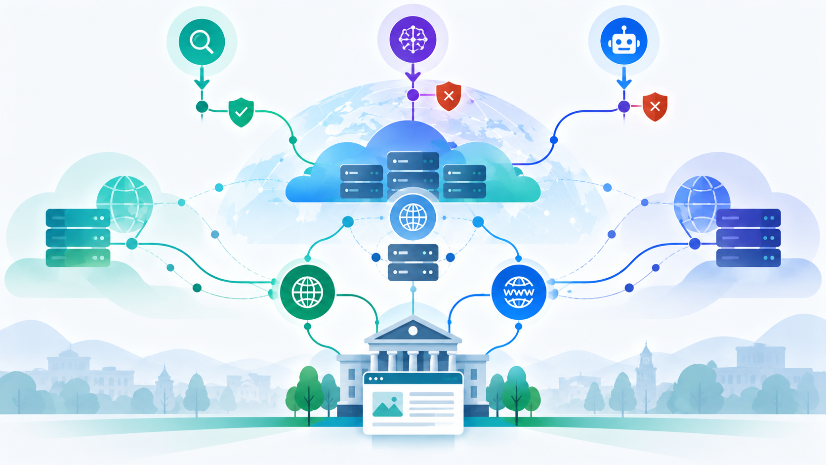 Abstract illustration of a translucent network mesh layer positioned between a globe outline and a row of generic institutional building silhouettes