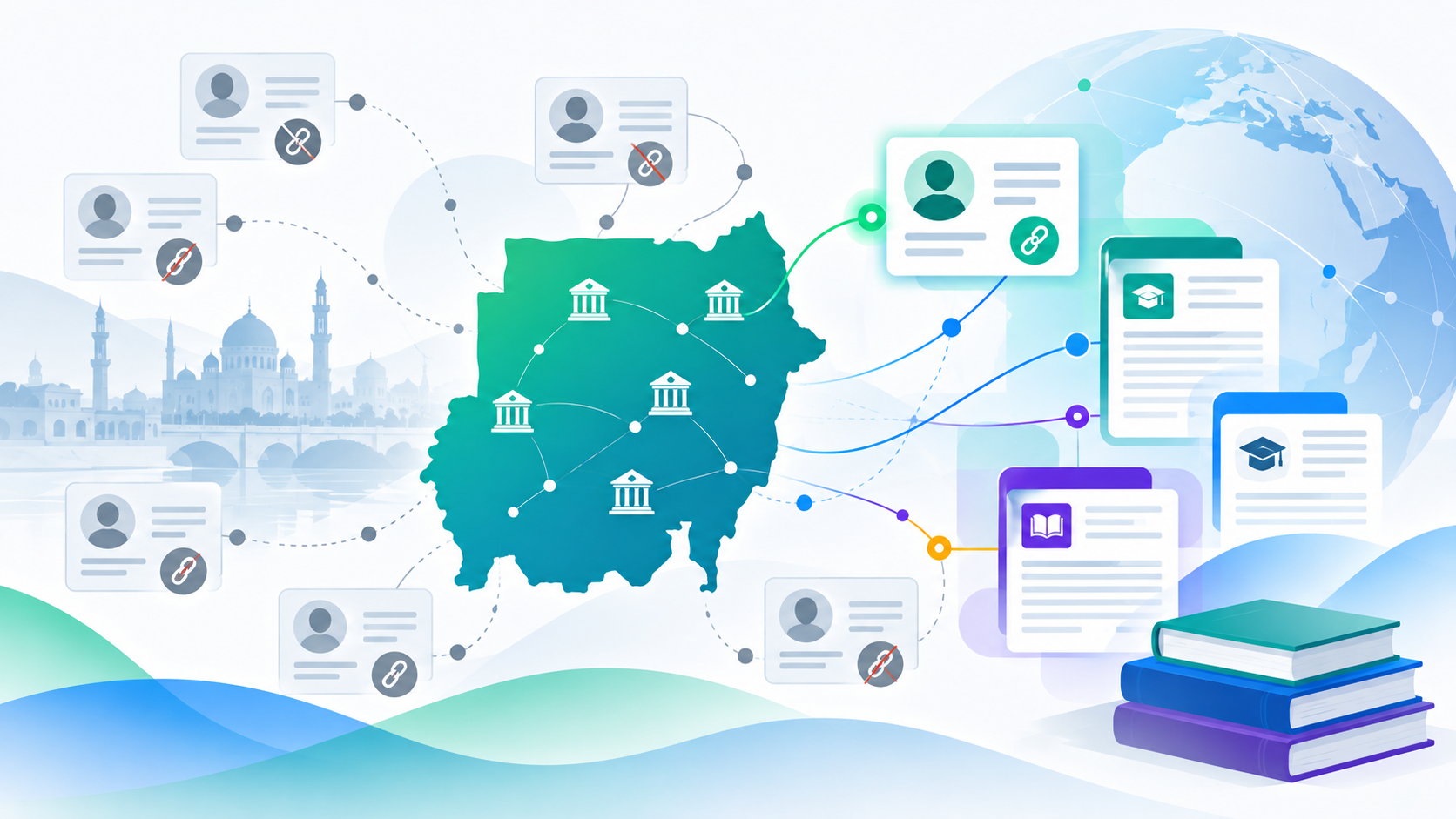 Abstract illustration of scattered researcher-profile nodes with only a few connected to a persistent identifier symbol, representing low visible ORCID adoption across Sudanese university websites and journals.