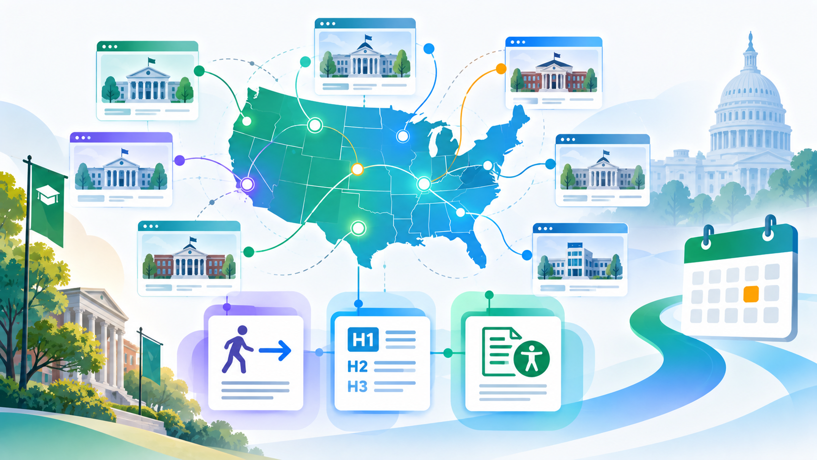 Abstract editorial illustration of a generic webpage outline with a highlighted focus ring near its top navigation, surrounded by a loose network of colored geometric nodes, representing a study of website accessibility structure across universities.