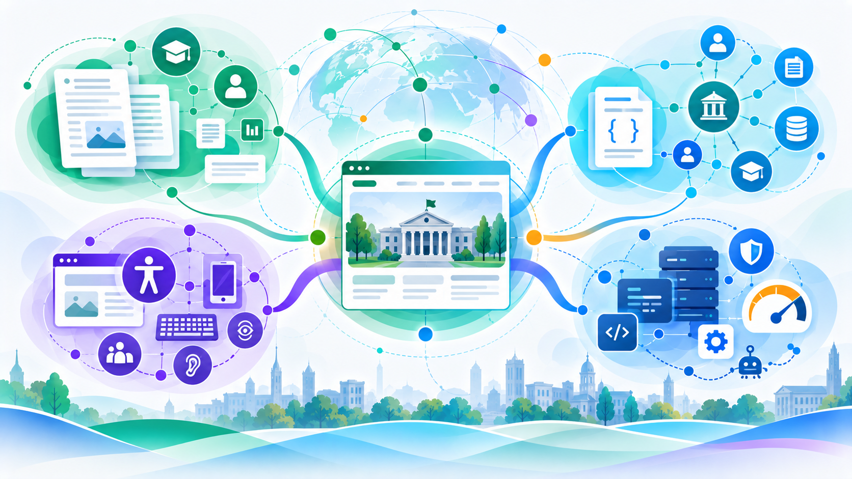 Illustration of a university website surrounded by icons representing content, structured data, technical performance, and accessibility signals.